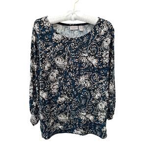 CHICO’S Baroque Paisley Blue Black 3/4 Sleeve Stretch Blouse Top | Size 1 Medium